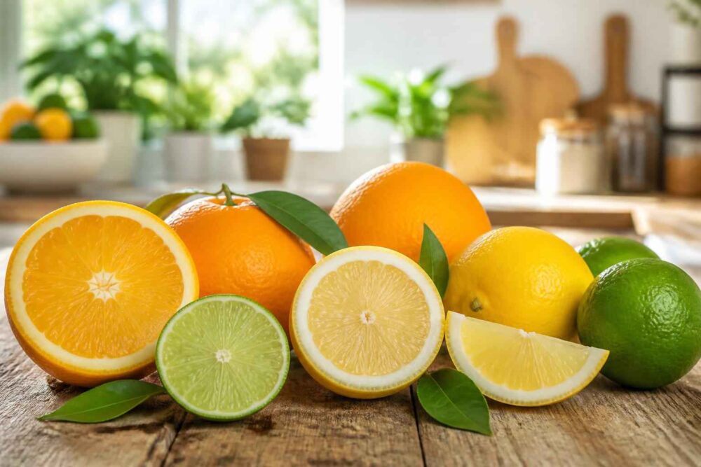Pomarańcze, cytryny, limonki i grejpfrut ułożone na drewnianym stole z zielonymi liśćmi