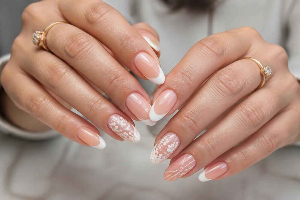 Dłonie z migdałowymi paznokciami w różowo-białym manicure i złotymi pierścionkami