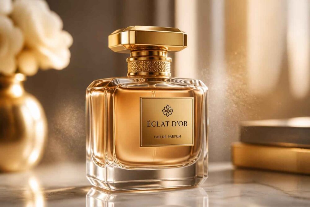 Elegancki flakon perfum Éclat d’Or na lustrzanej powierzchni w ciepłym, złotym świetle
