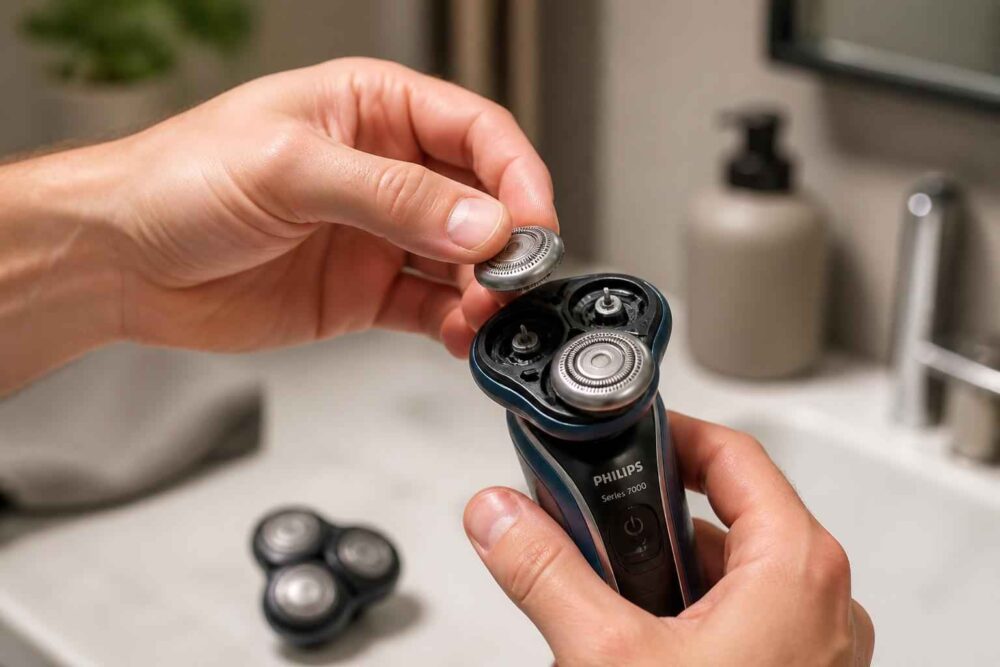 Dłonie zakładają głowicę na czarną golarkę elektryczną Philips w łazience