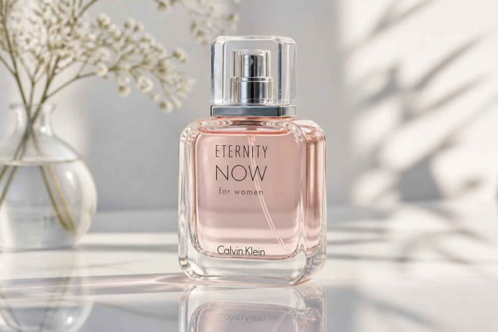 Flakon perfum Calvin Klein Eternity Now for Women na jasnym stole w świetle słońca
