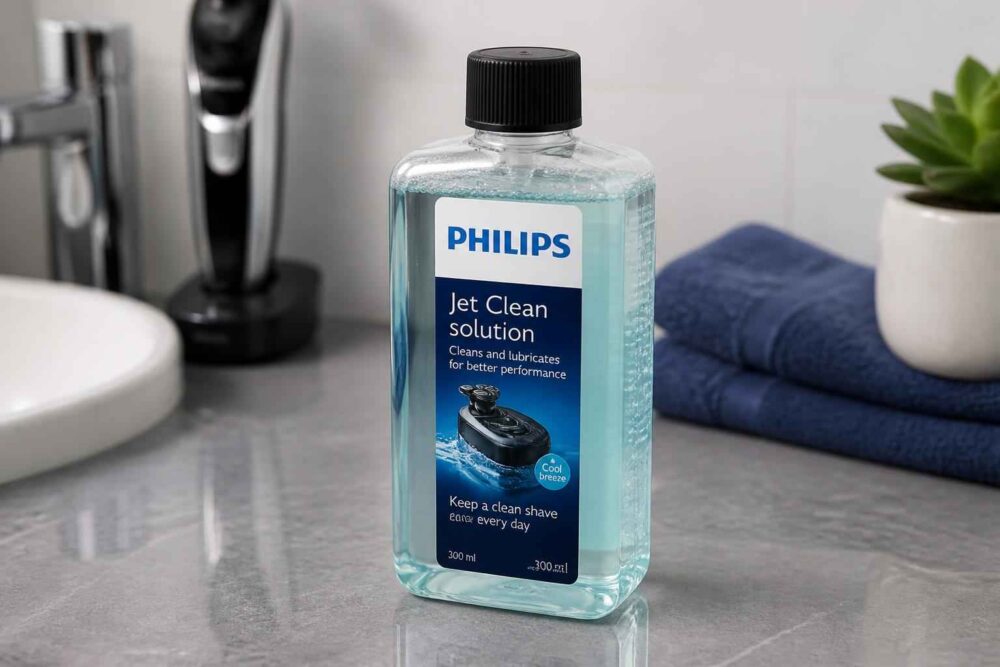 Płyn Jet Clean Philips w łazience Butelka roztworu Philips Jet Clean na blacie obok golarki, ręczników i doniczki z rośliną