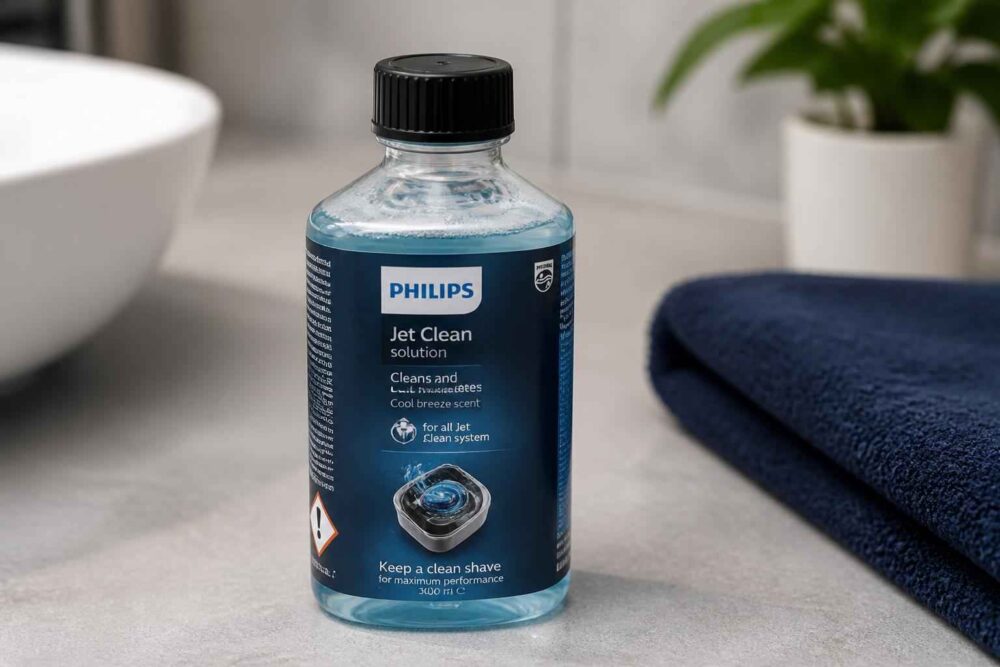 Butelka płynu Philips Jet Clean stojąca na łazienkowym blacie obok ręcznika i umywalki