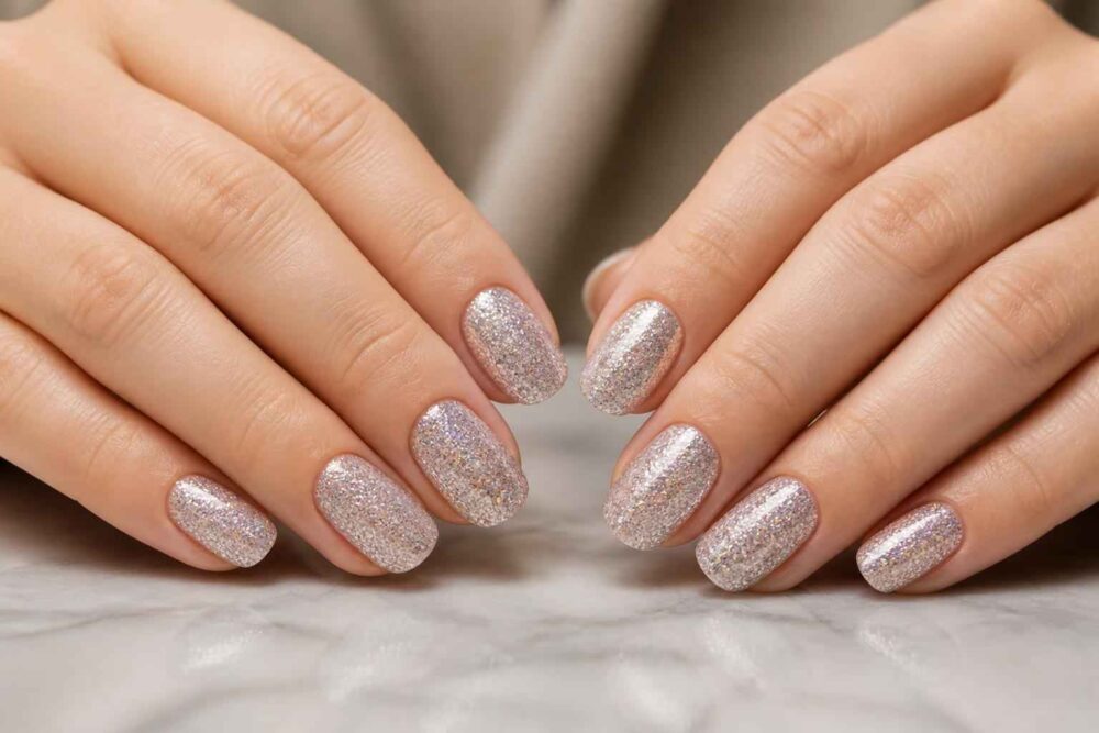 Srebrzysty manicure z delikatnym brokatem Zbliżenie dłoni z paznokciami pokrytymi jasnym srebrzystym brokatem