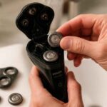 Dłonie wymieniają głowicę w czarnej golarce elektrycznej Philips na białym blacie