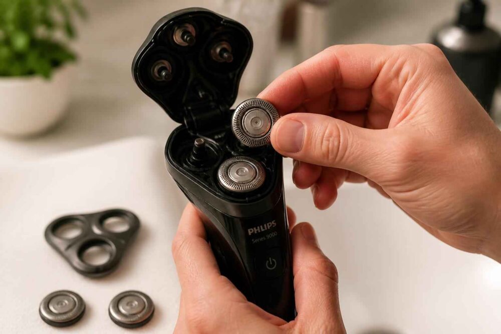 Dłonie wymieniają głowicę w czarnej golarce elektrycznej Philips na białym blacie